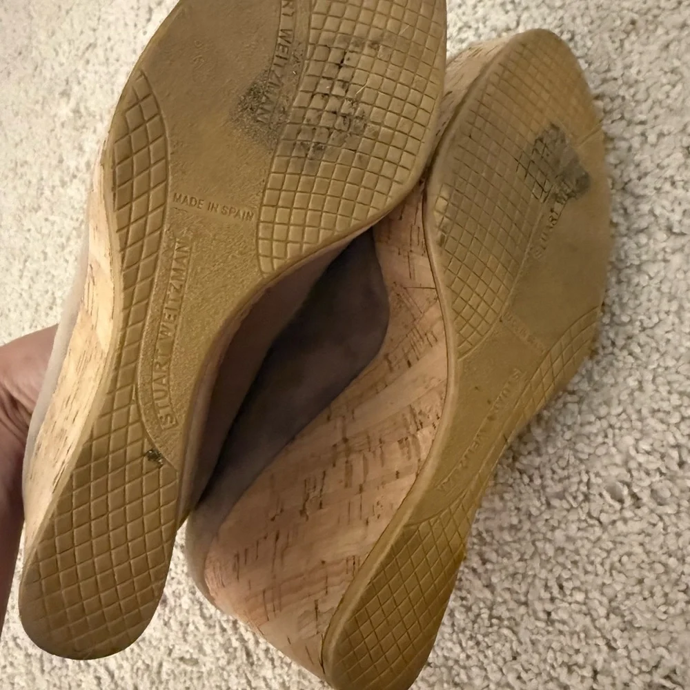 Stuart Weitzman Taupe Suede Cork Wedge Pumps - Picture 5 of 6